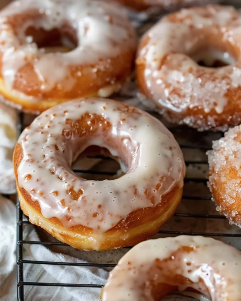 Fried apple cider donuts topped with maple icing on a rustic wooden table.