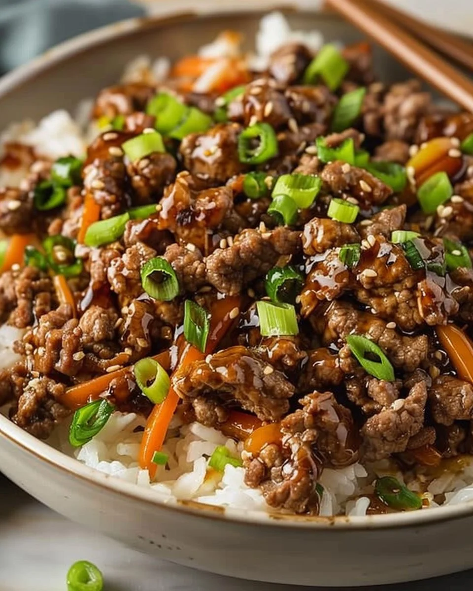 Ground Beef Teriyaki served with rice and vegetables