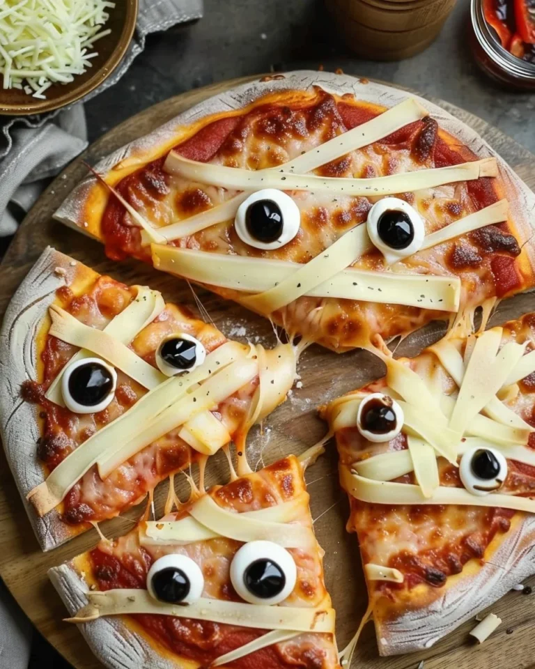 Homemade Mummy Pizza topped with cheese and olives for Halloween