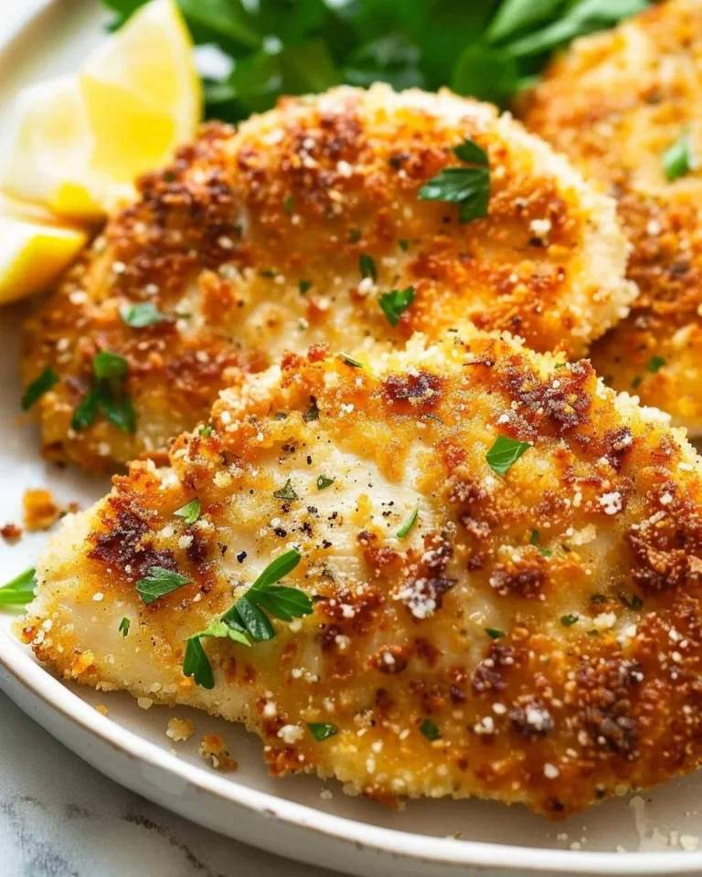 Delicious Parmesan-Crusted Chicken on a plate with herbs and lemon
