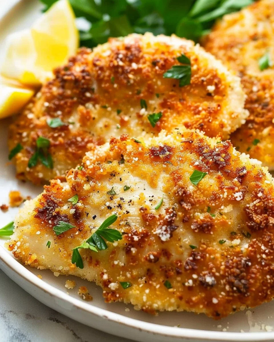 Delicious Parmesan-Crusted Chicken on a plate with herbs and lemon