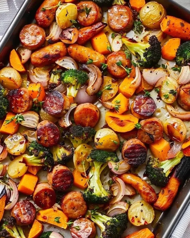 Sheet pan with sausage and colorful roasted vegetables