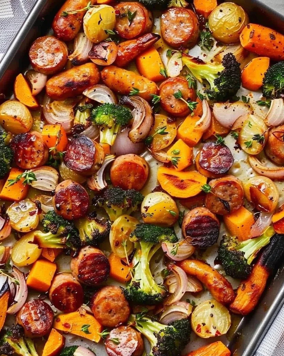 Sheet pan with sausage and colorful roasted vegetables