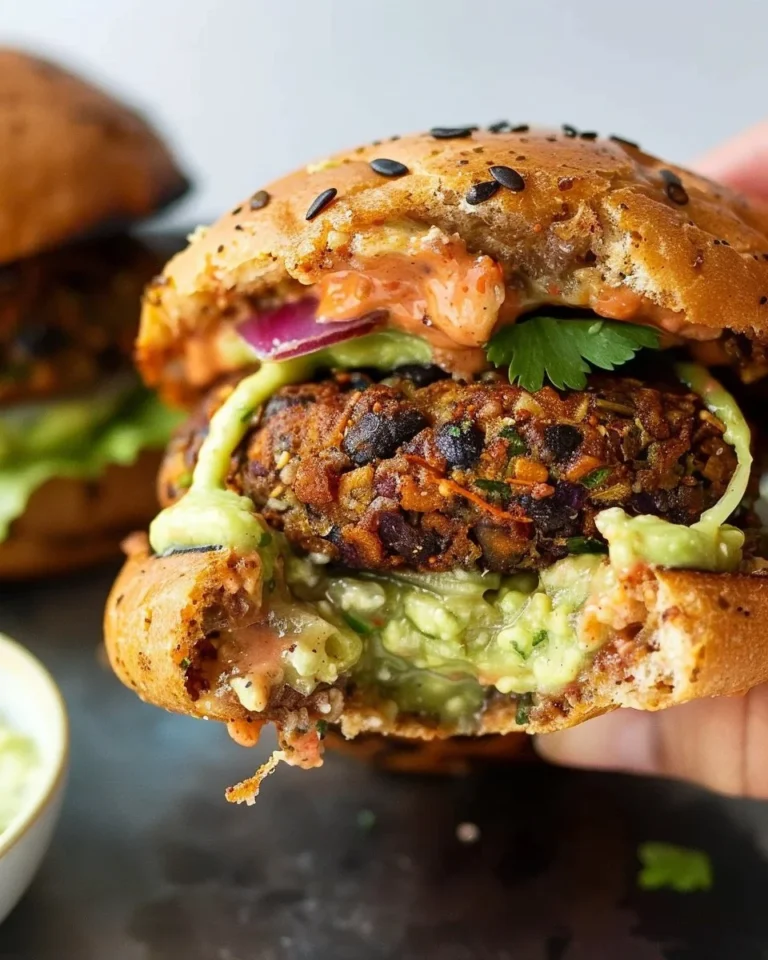 Spicy black bean burgers served with cilantro avocado sauce on a plate.