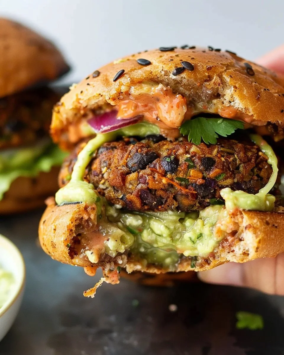 Spicy black bean burgers served with cilantro avocado sauce on a plate.