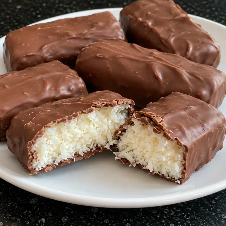 2-Ingredient Coconut Chocolate Bars with a smooth chocolate coating and a soft, creamy shredded coconut center.