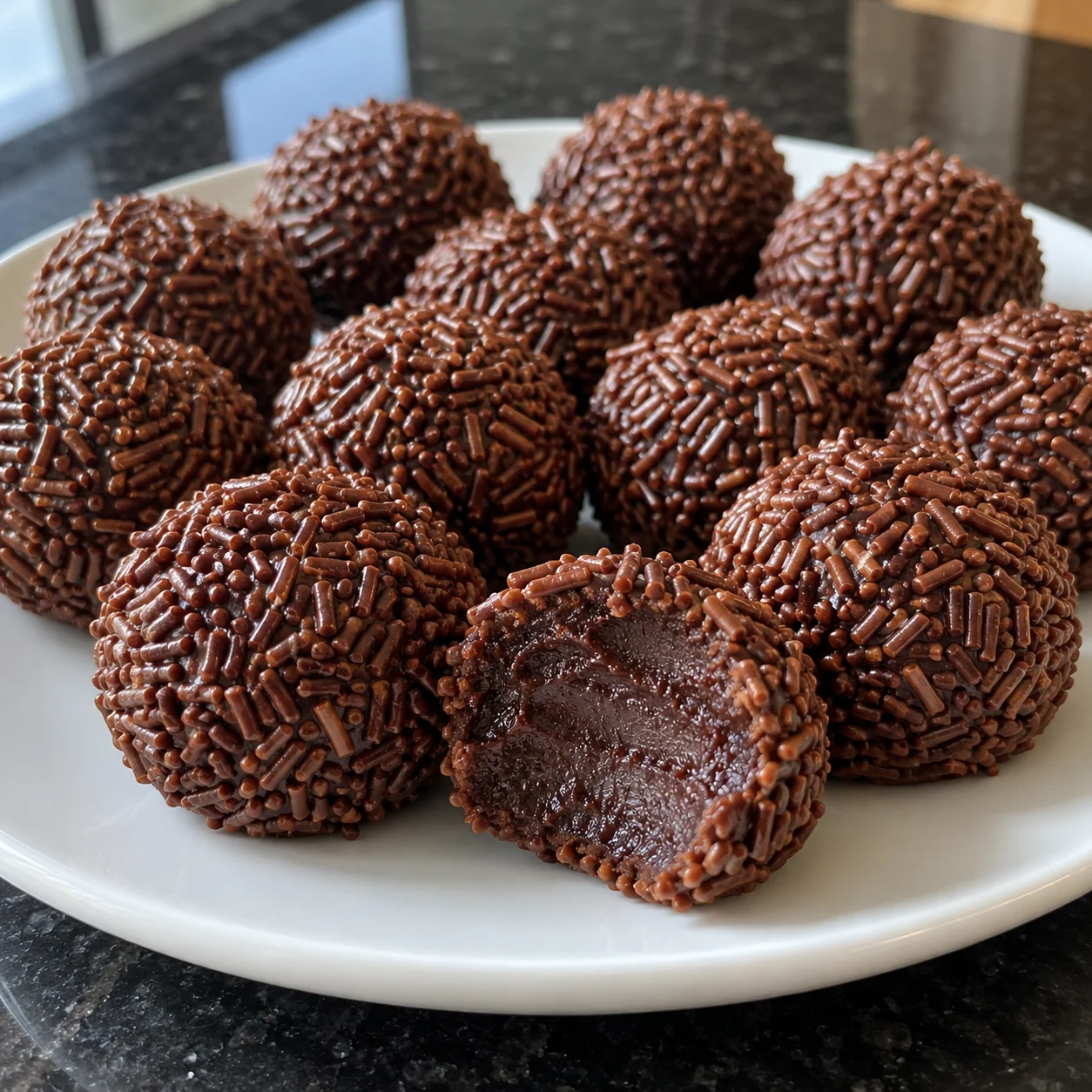 3-Ingredient Chocolate Brigadeiros No Bake with a rich, fudgy chocolate center and crunchy chocolate sprinkle coating.