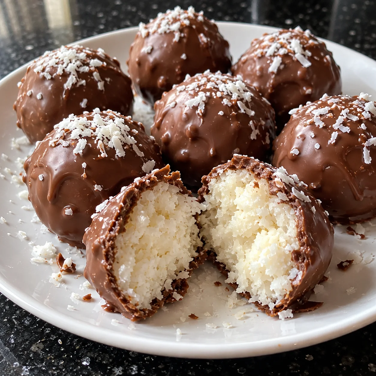 3-Ingredient Chocolate Coconut Balls with a creamy shredded coconut center and smooth milk chocolate coating.
