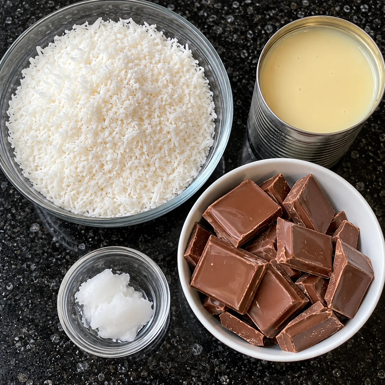 Ingredients for no-bake coconut chocolate bars: shredded coconut, sweetened condensed milk, milk chocolate, and coconut oil.