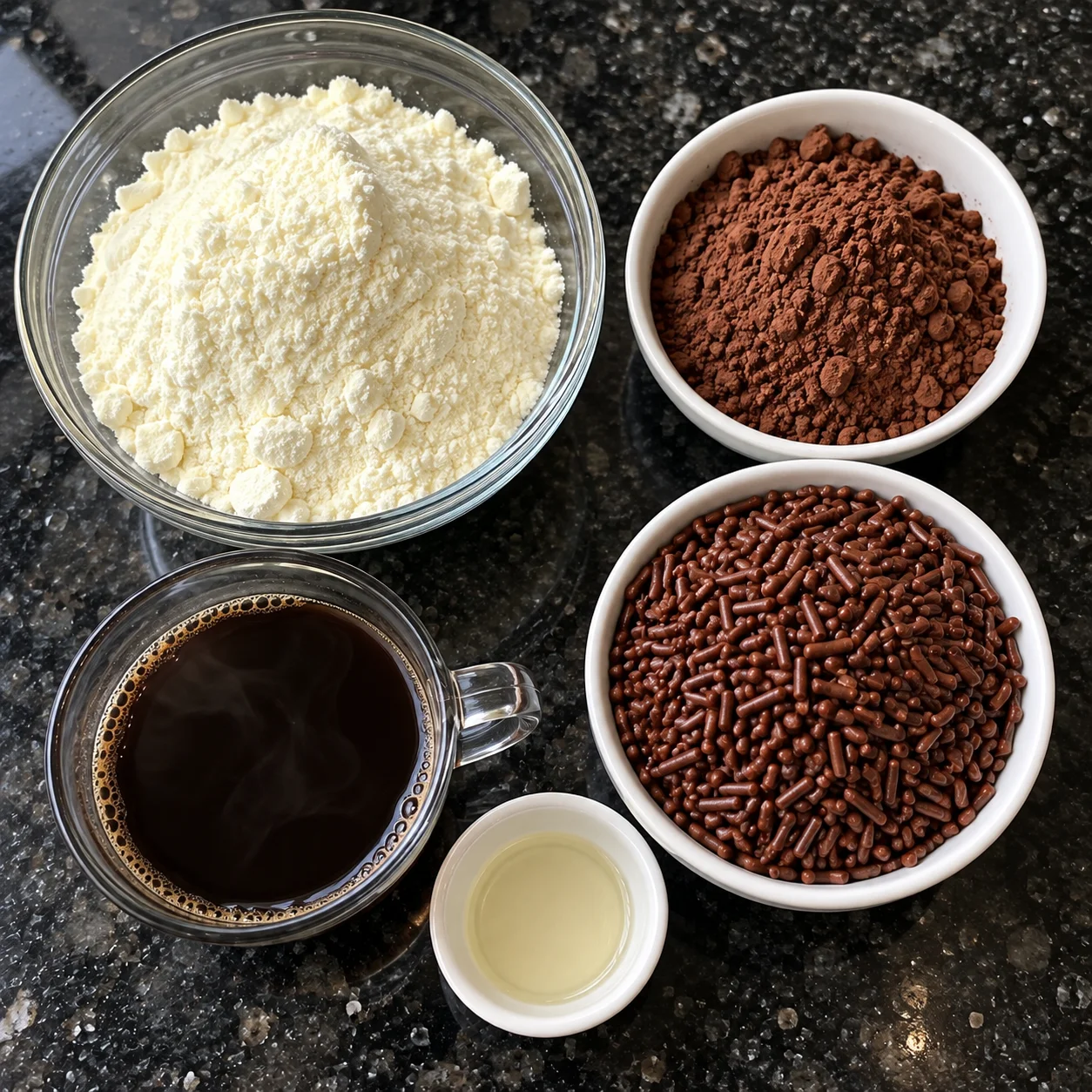 Ingredients for 3-Ingredient Chocolate Brigadeiros: powdered milk, cocoa powder, hot black coffee, and chocolate sprinkles.