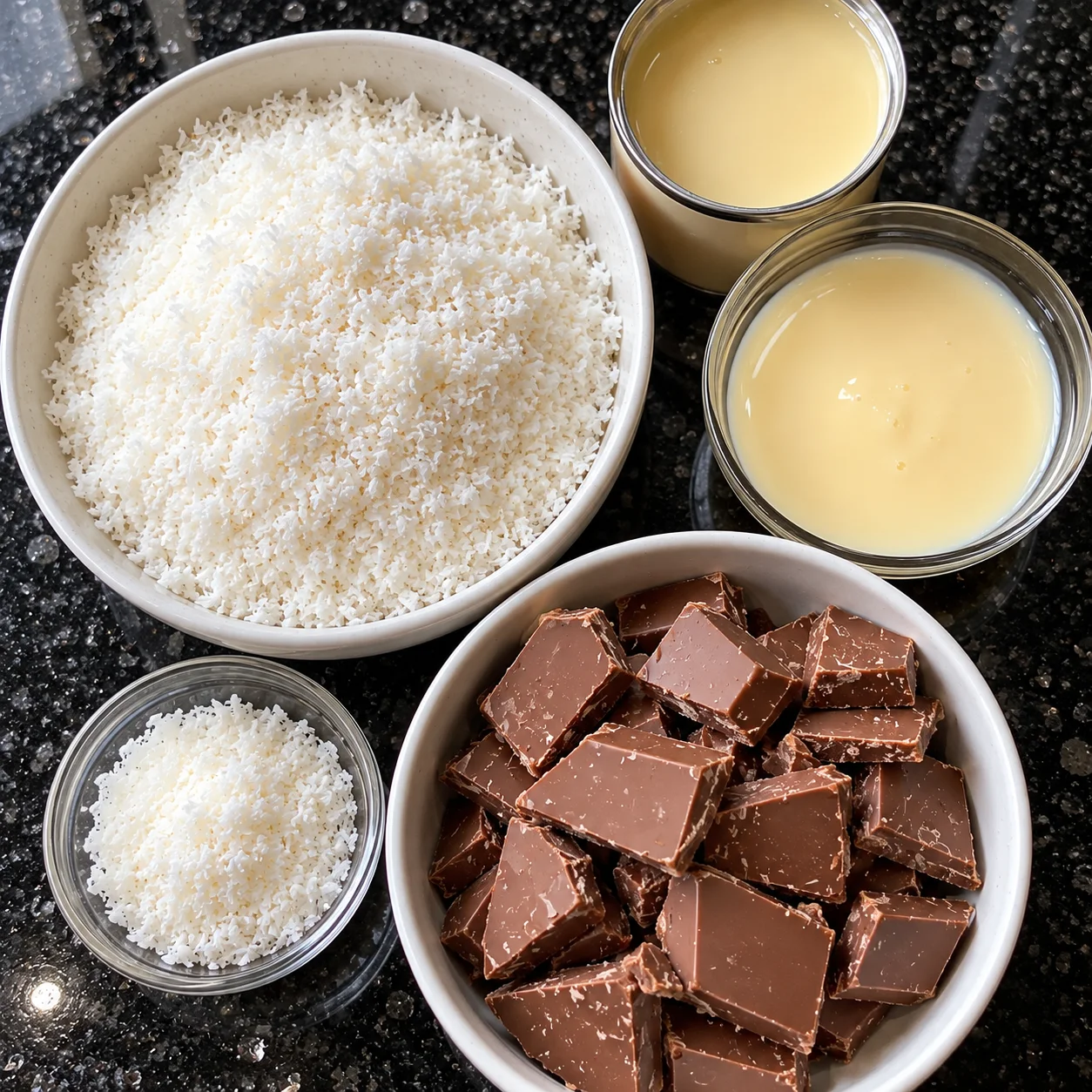 Ingredients for 3-Ingredient Chocolate Coconut Balls: shredded coconut, sweetened condensed milk, and milk chocolate.