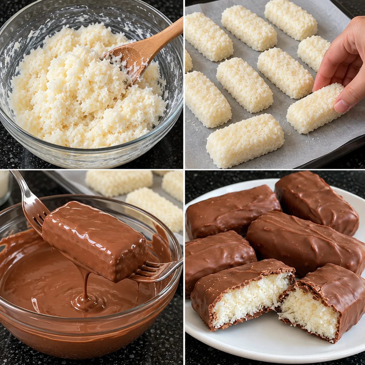 Step-by-step preparation of no-bake coconut chocolate bars filled with sweetened condensed milk coconut mixture and coated in melted chocolate.