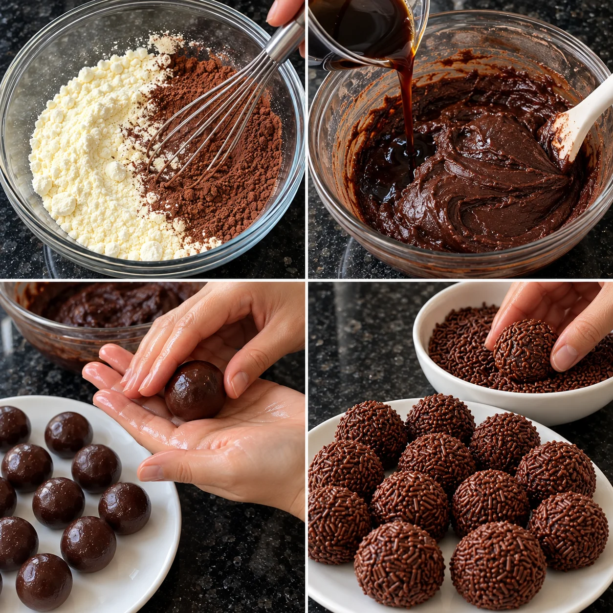 Step-by-step preparation of no-bake chocolate brigadeiros using powdered milk, cocoa powder, coffee, and chocolate sprinkles.