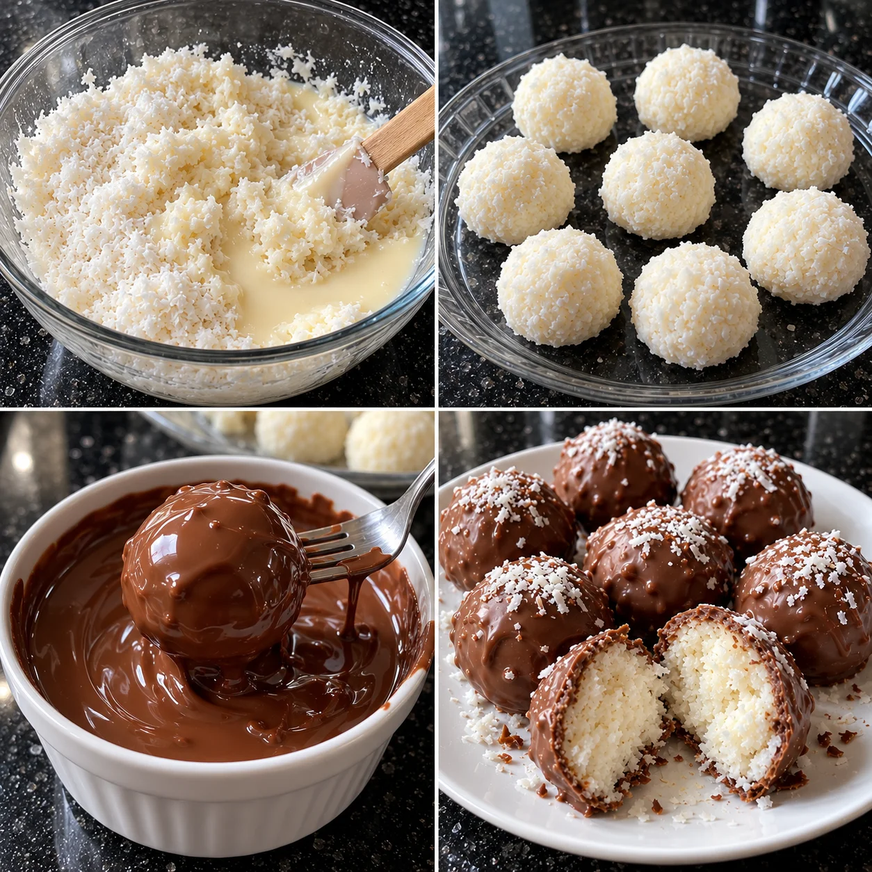 Step-by-step preparation of 3-Ingredient Chocolate Coconut Balls with condensed milk, shredded coconut, and melted chocolate.